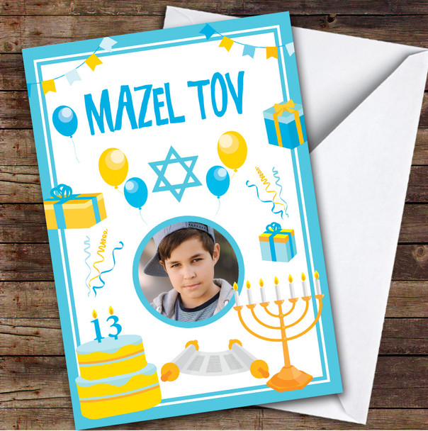 Personalized Bar Mitzvah Card For Anyone Photo Blue Candles Cake