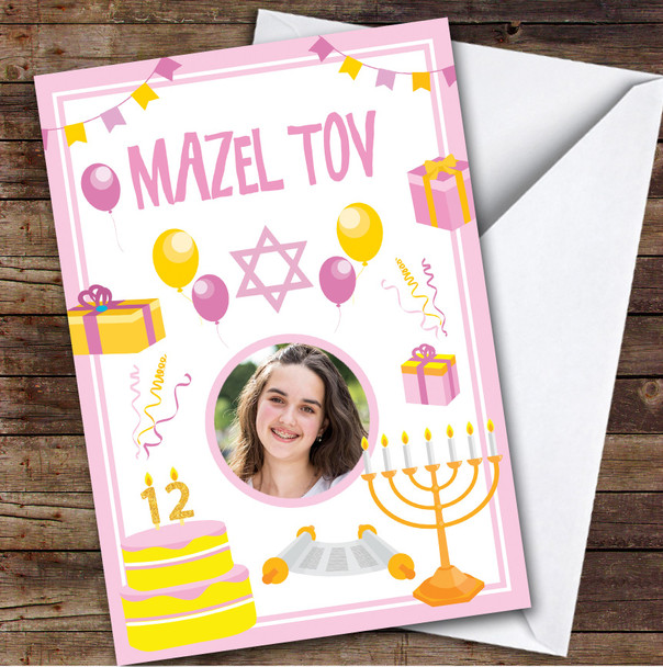 Personalized Bat Mitzvah Card For Anyone Photo Pink Candles Cake