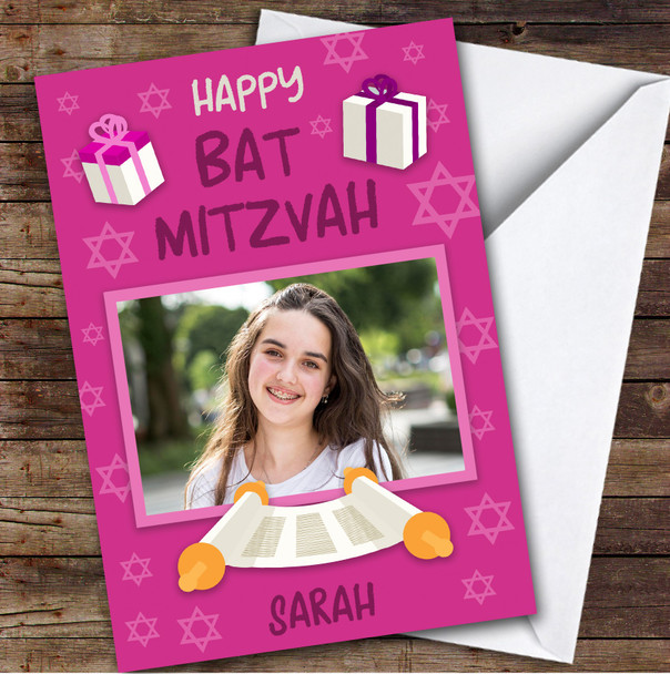 Personalized Bat Mitzvah Card For Anyone Photo Pink Gift Scroll