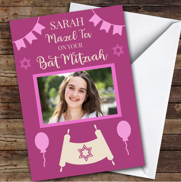 Personalized Bat Mitzvah Card For Anyone Photo Pink Scroll