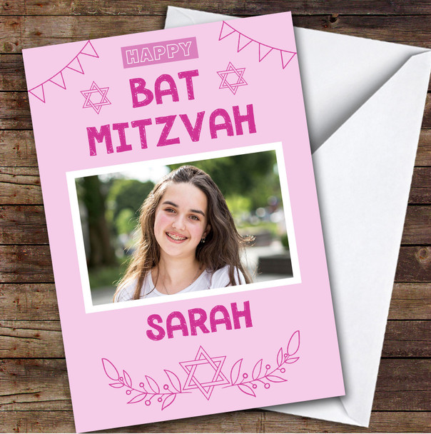 Personalized Bat Mitzvah Card For Anyone Photo Pink Star
