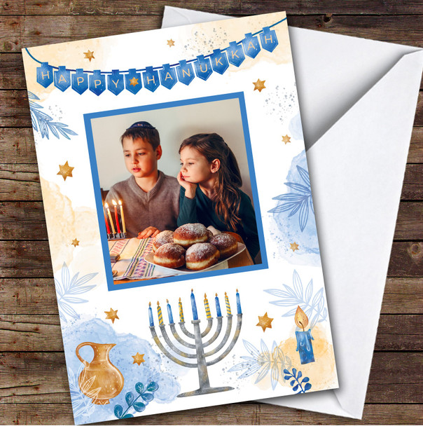 Personalized Hanukkah Card For Anyone Photo Blue Bunting