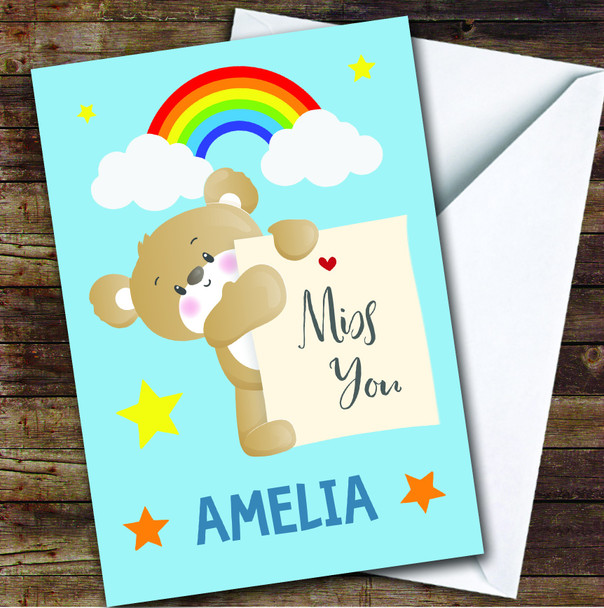 Personalized Miss You Card For Anyone Bear Rainbow Sign Blue