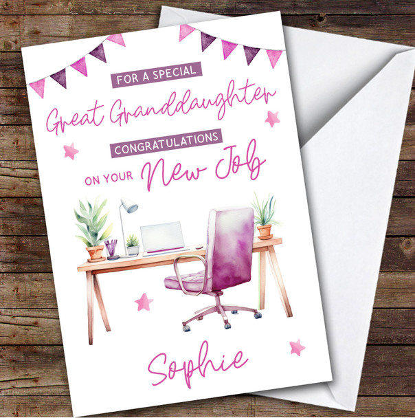 Personalized New Job Card For Great Granddaughter Desk Job Pink