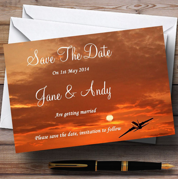 Plane In The Sky Sunset Jetting Off Abroad Personalized Wedding Save The Date Cards