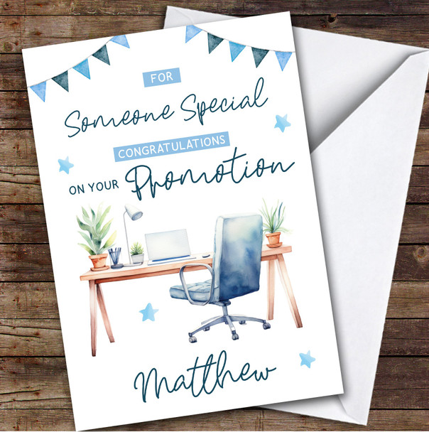 Personalized New Job Promotion Card For Desk Job Blue