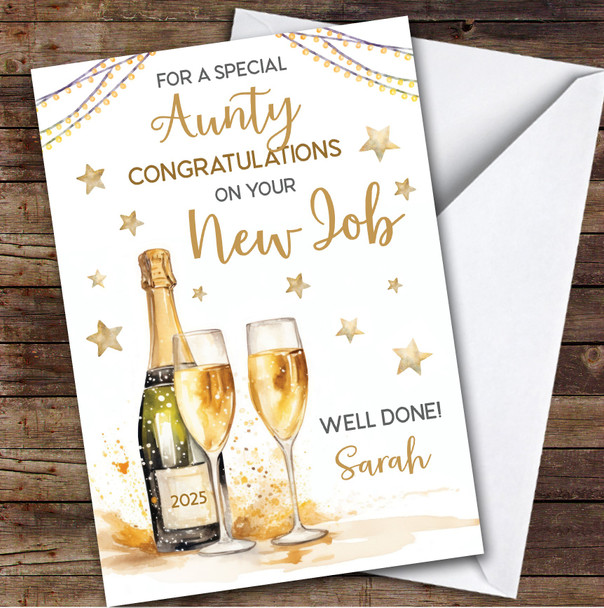 Personalized New Job Card For Aunty Champagne Flute Gold