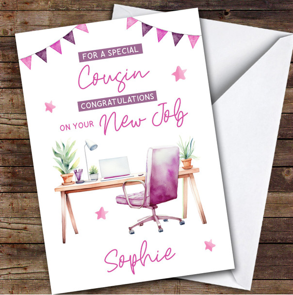 Personalized New Job Card For Cousin Desk Job Pink