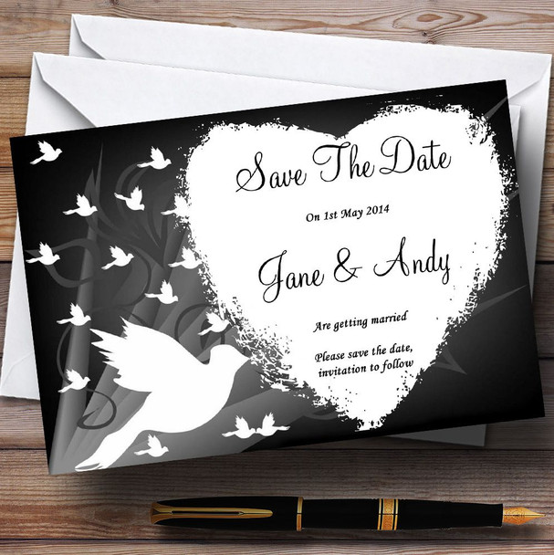 Black With White Doves Personalized Wedding Save The Date Cards