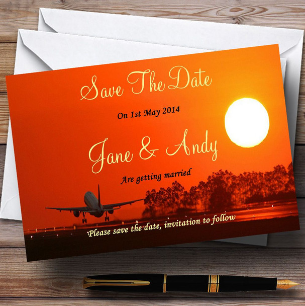 Plane Taking Off Into Sunset Jetting Off Abroad Personalized Wedding Save The Date Cards