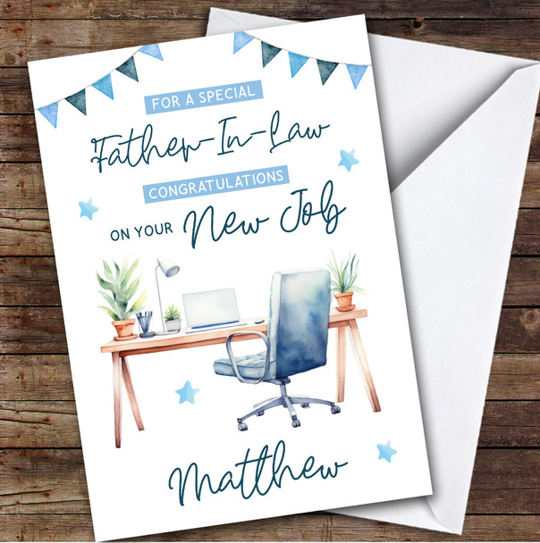 Personalized New Job Card For Father-In-Law Desk Job Blue