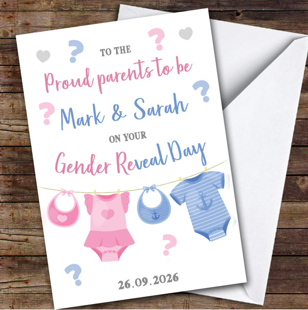 Personalized Gender Reveal Card For Anyone Pink Blue Baby Clothes
