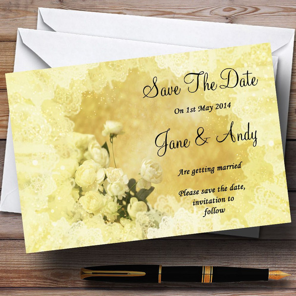 Yellow Cream Lace Personalized Wedding Save The Date Cards