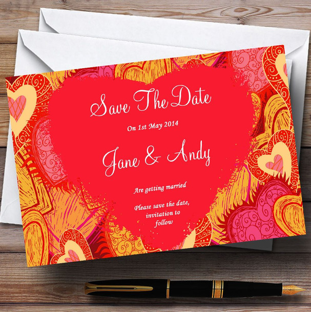 Orange Red And Pink Hearts Personalized Wedding Save The Date Cards