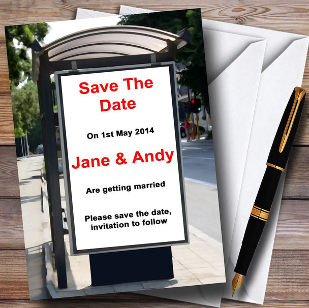 Unique Funny Bus Stop Advert Announcement Personalized Wedding Save The Date Cards