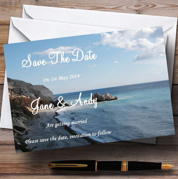 View Of A Cyprus Beach Jetting Off Abroad Personalized Wedding Save The Date Cards