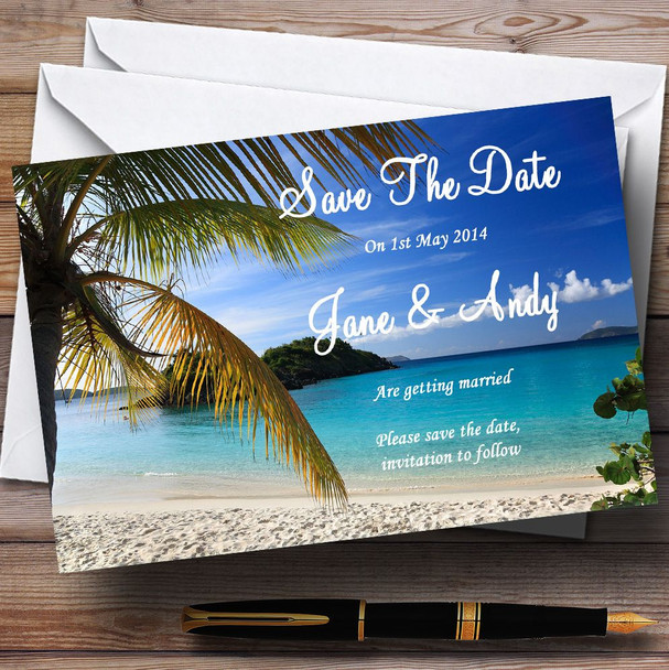 Palm Tree Beach Jetting Off Abroad Personalized Wedding Save The Date Cards