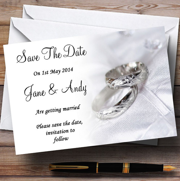 Classy White And Silver Rings Personalized Wedding Save The Date Cards