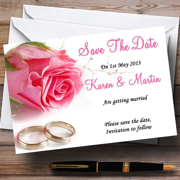 Gorgeous Pink Rose And Rings Personalized Wedding Save The Date Cards