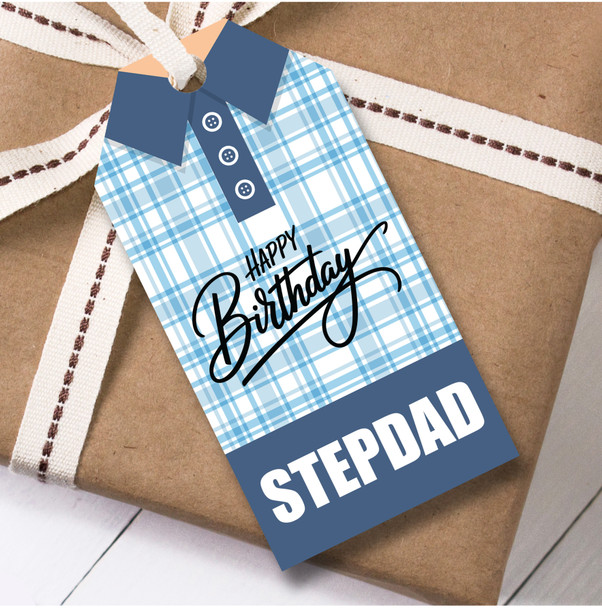 Birthday 12 Large Gift Tags For Stepdad Blue Check Shirt Birthday