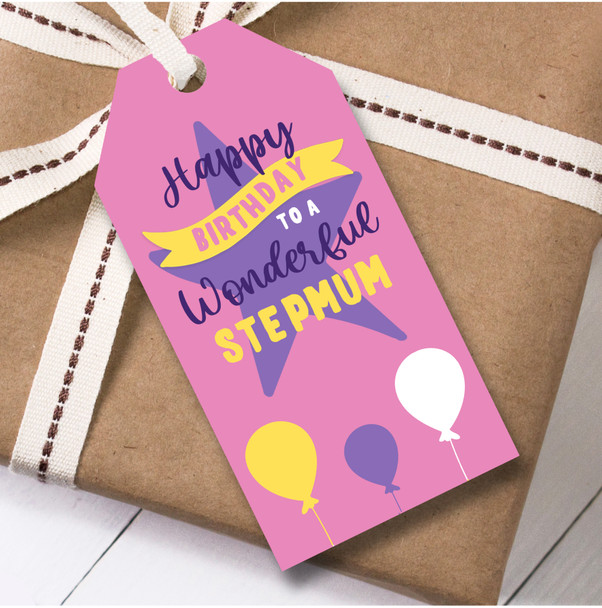 Birthday 12 Large Gift Tags For Stepmum Female Birthday Pink Star Balloons