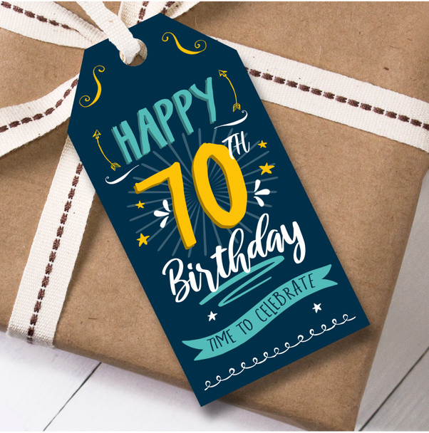 Birthday 12 Large Gift Tags 70th Birthday Male Blue Orange Swirls