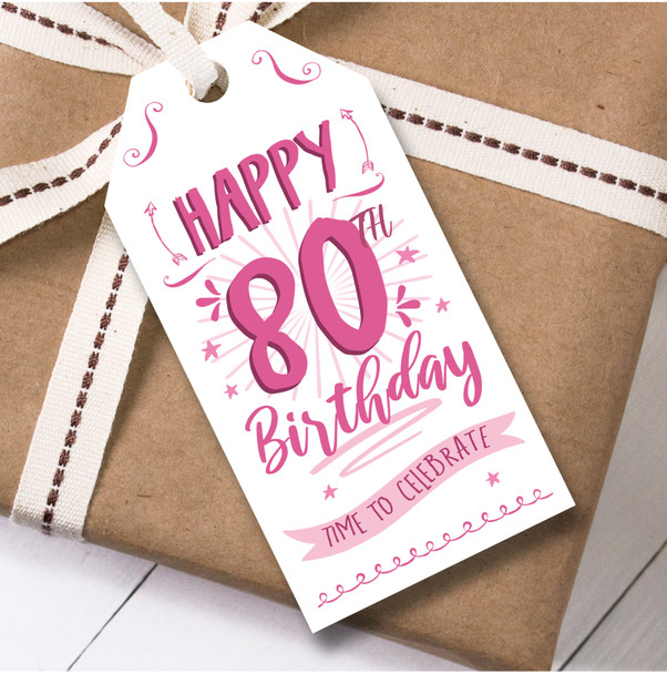 Birthday 12 Large Gift Tags 80th Birthday Female Pink Swirls