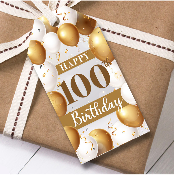 Birthday 12 Large Gift Tags 100th Birthday Gold White Balloons