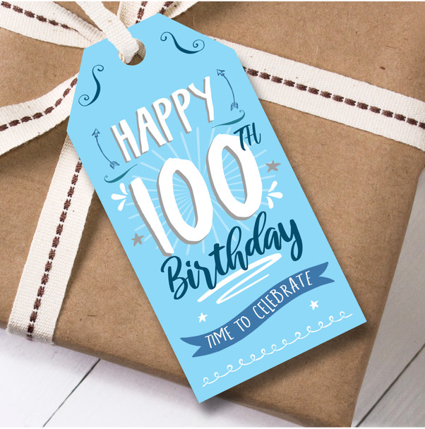 Birthday 12 Large Gift Tags 100th Birthday Male Blue Swirls