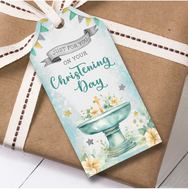 Christening 12 Large Gift Tags Christening Day Boy Green Font Flowers