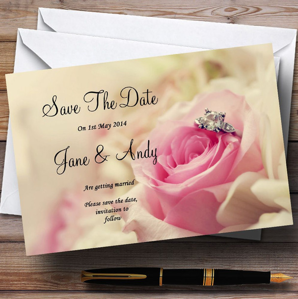 Stunning Pale Pink Rose & Diamond Personalized Wedding Save The Date Cards