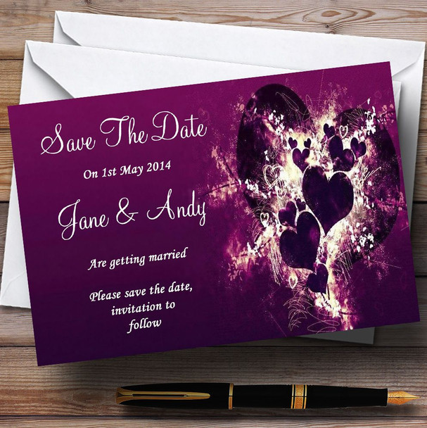 Purple Hearts Romantic Personalized Wedding Save The Date Cards