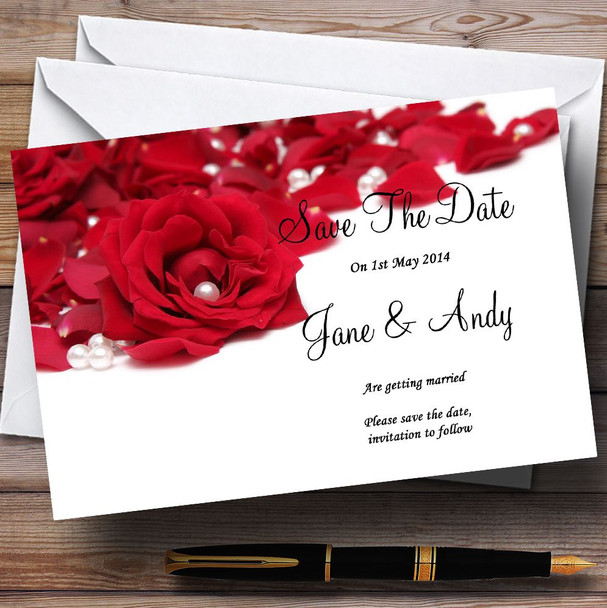 White Pearl Red Rose Petals Personalized Wedding Save The Date Cards