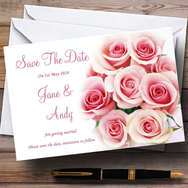 Soft Pastel Pink Gentle Roses Personalized Wedding Save The Date Cards