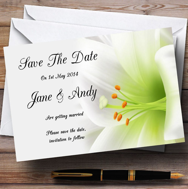 Subtle White Lily Flower Personalized Wedding Save The Date Cards
