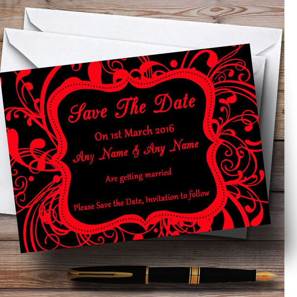 Black & Red Swirl Deco Personalized Wedding Save The Date Cards