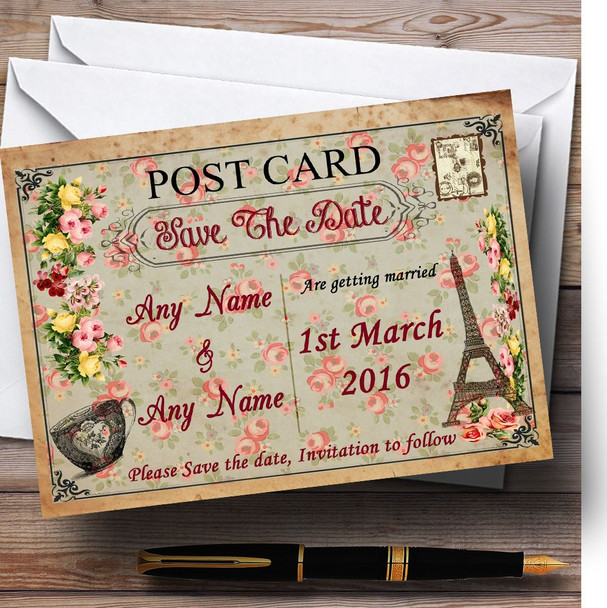 Vintage Paris Shabby Chic Postcard Floral Personalized Wedding Save The Date Cards