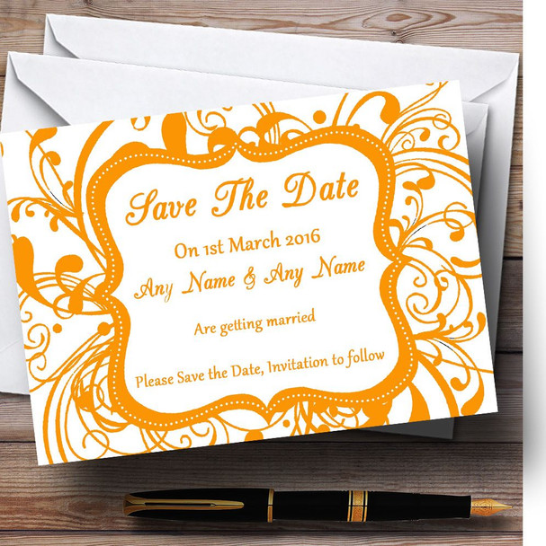 White & Orange Swirl Deco Personalized Wedding Save The Date Cards