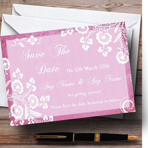 Rustic Pink Lace Personalized Wedding Save The Date Cards