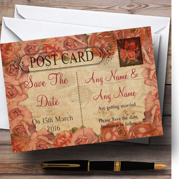 Shabby Chic Vintage Postcard Rustic Coral Rose Stamp Personalized Wedding Save The Date Cards