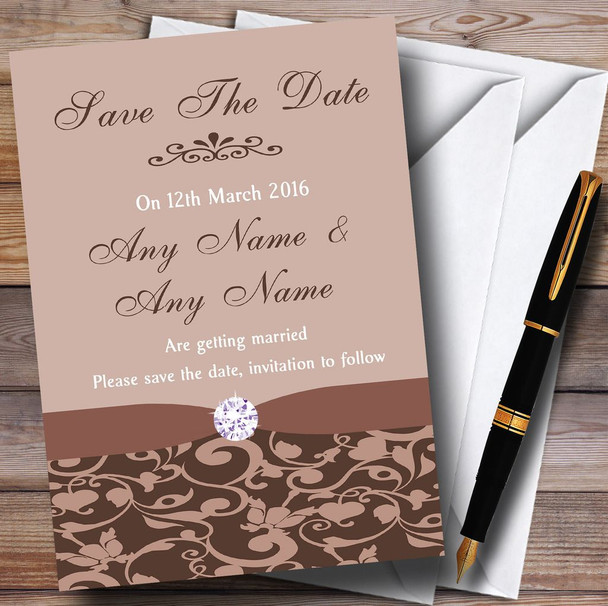 Brown And Fawn Vintage Floral Damask Diamante Personalized Wedding Save The Date Cards