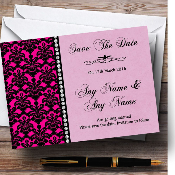 Bright Pink Black Damask & Diamond Personalized Wedding Save The Date Cards