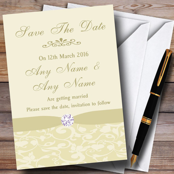 Cream Pale Gold Beige Vintage Floral Damask Diamante Personalized Wedding Save The Date Cards