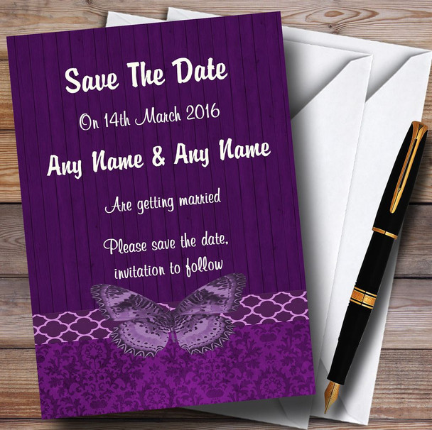 Rustic Vintage Wood Butterfly Purple Personalized Wedding Save The Date Cards