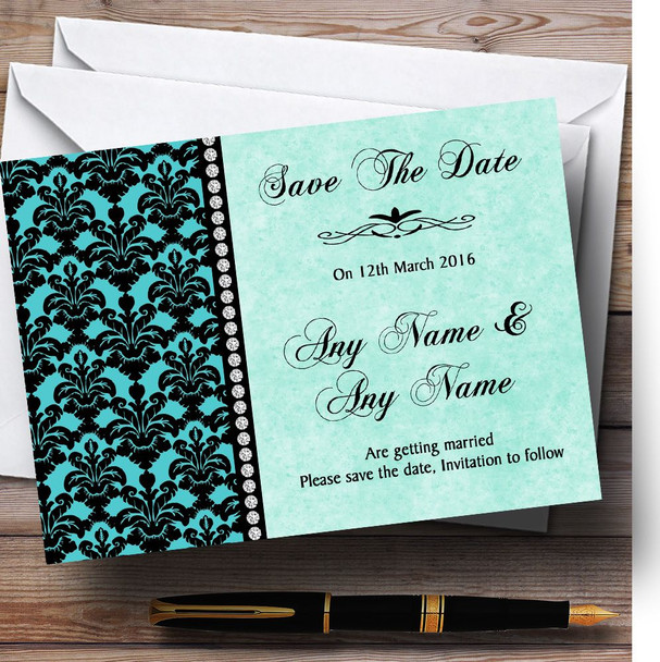 Turquoise Damask & Diamond Personalized Wedding Save The Date Cards