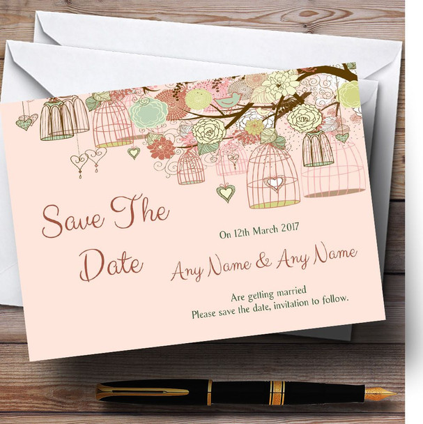 Vintage Shabby Chic Birdcage Coral Personalized Wedding Save The Date Cards