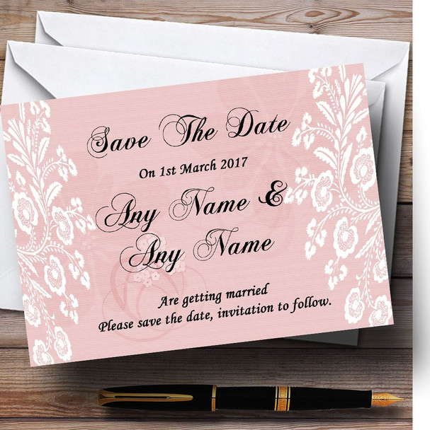 Vintage Lace Coral Pink Chic Personalized Wedding Save The Date Cards