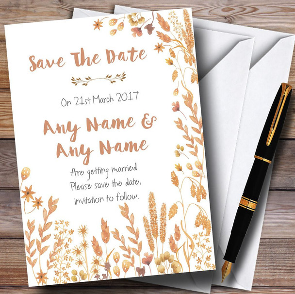 Golden Autumn Leaves Watercolour Personalized Wedding Save The Date Cards