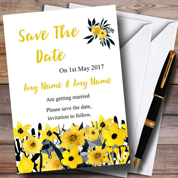 Black & Yellow Watercolour Flowers Personalized Wedding Save The Date Cards