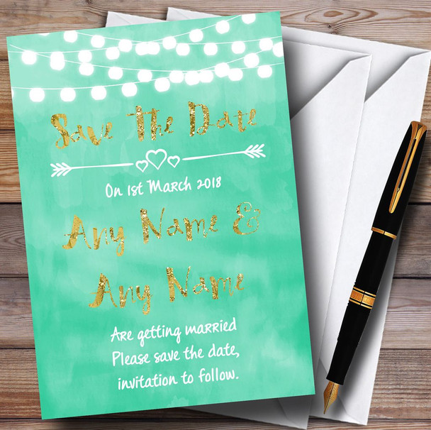 Mint Green & Gold Lights Watercolour Personalized Wedding Save The Date Cards